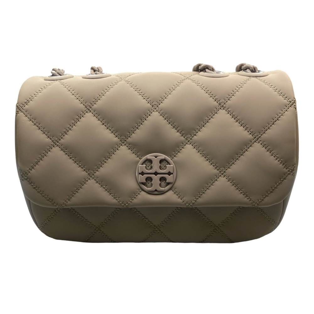 Tory Burch Quilted Taupe Shoulder Bag with Logo Emblem